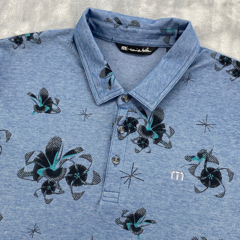 Travis Mathew Mens XXL Blue Floral Starburst Pima Cotton Blend Golf Polo Shirt